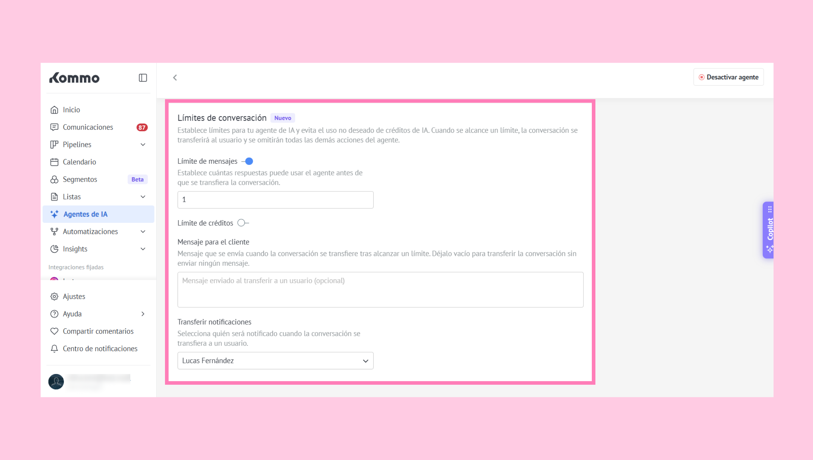 Settings for conversation limits and notifications in the Kommo platform interface.